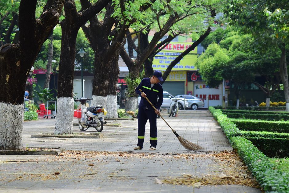 A street scene featuring a worker dressed in a dark uniform with reflective yellow stripes, sweeping fallen leaves from a paved sidewalk using a traditional broom. The sidewalk is lined with large, mature trees with thick trunks painted white at the base, providing shade. In the background, there are parked motorcycles, cars, and various shopfronts with colorful signs. The area appears clean and well-maintained, with neatly trimmed bushes bordering the walkway. Bright daylight highlights the fresh greenery and the orderly urban environment, emphasizing the importance of outdoor surface cleaning and maintenance for public spaces. This scene exemplifies professional outdoor cleaning services provided by Holland Park Cleaner, focusing on maintaining hygiene and appearance in communal outdoor areas.